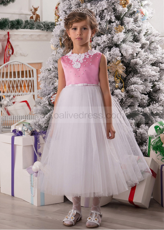 Pearl Beaded Satin Tulle Tea Length Fairytale Flower Girl Dress